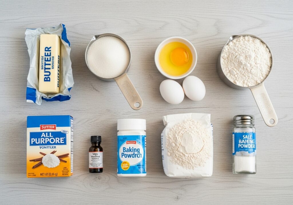 sugar cookie ingredients laid out butter, sugar, eggs, vanilla, flour, cornstarch, baking powder, salt.