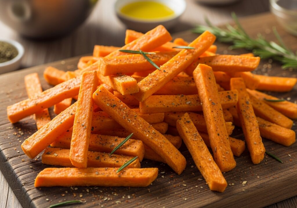 sweet potatoes cut into uniform fries ready for seasoning and baking