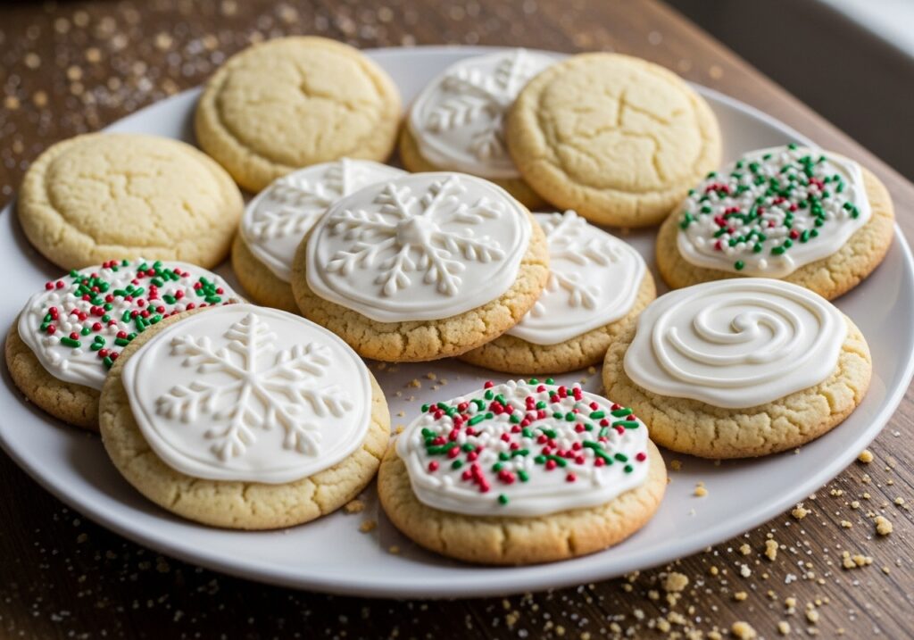 the best classic sugar cookie recipe, a plate of perfectly baked and decorated sugar cookies.