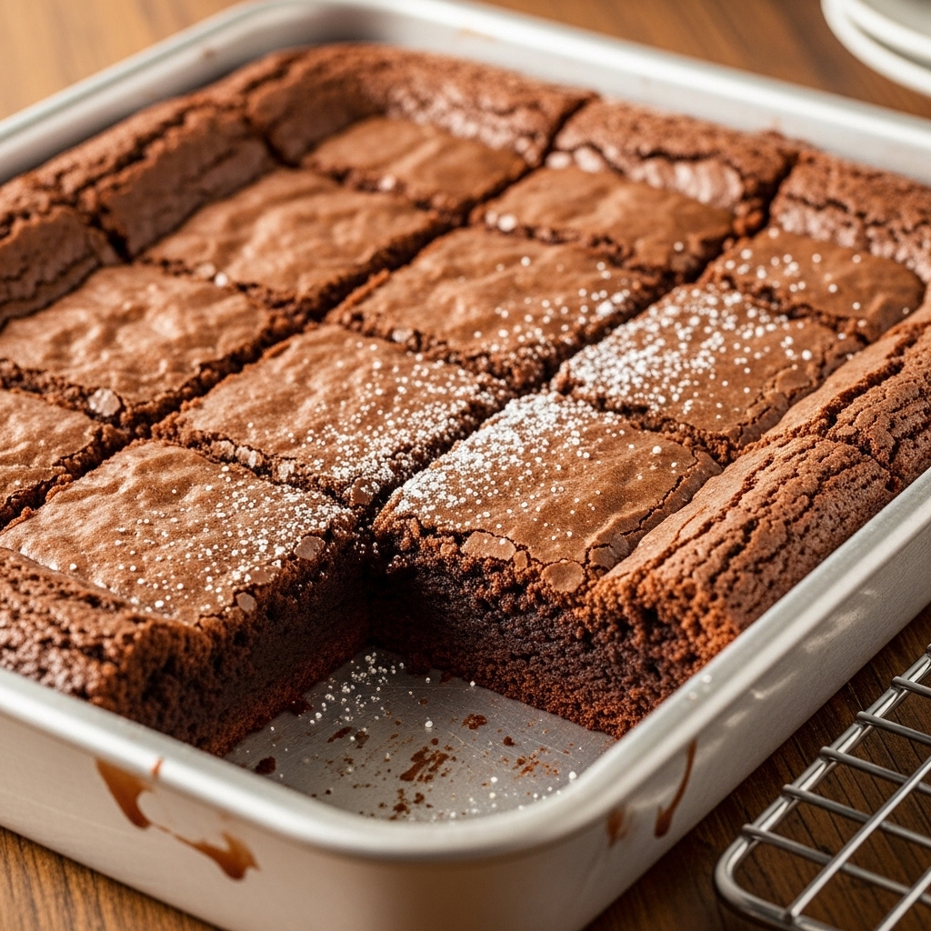 the best fudgy brownie recipe, a pan of perfectly baked brownies with a crackly top.