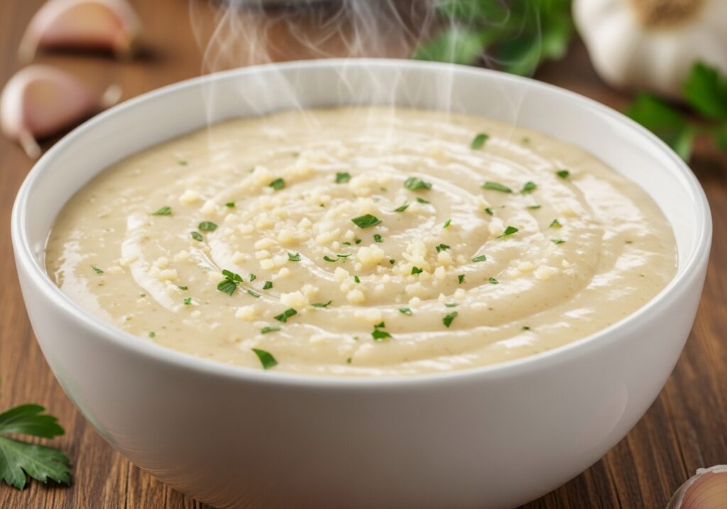 the garlic parmesan sauce is thick and smells great.