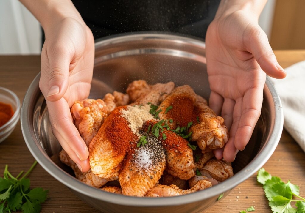 to get the most flavor out of your wings, toss them with oil and spices.
