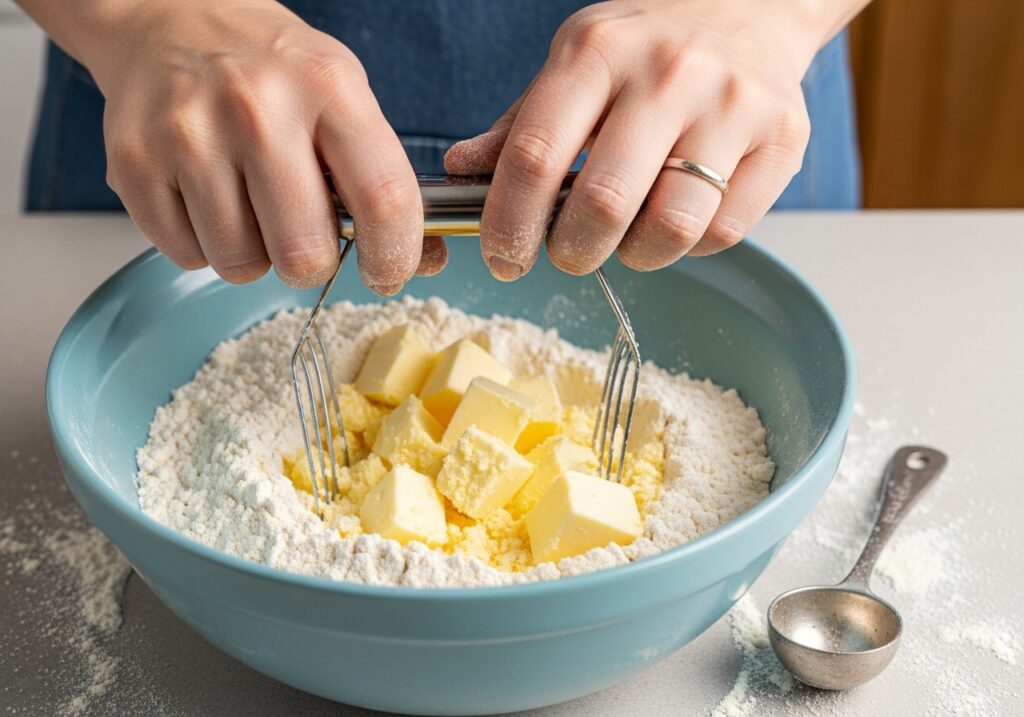 to make scones that are perfectly flaky you need to cut cold butter into flour