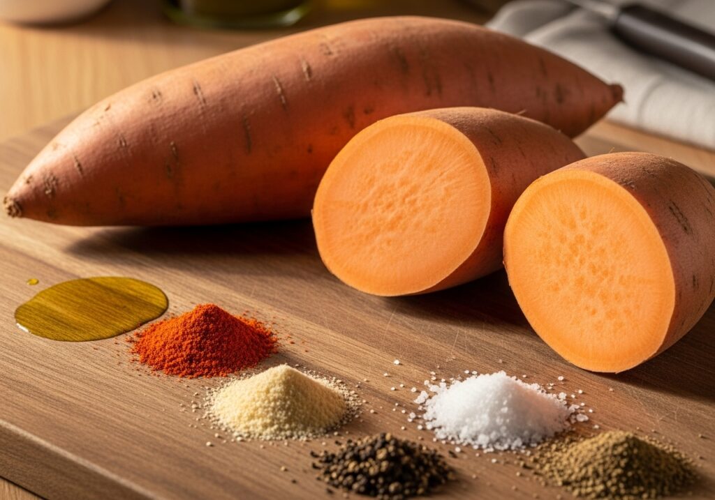 two large sweet potatoes olive oil paprika garlic powder salt and pepper laid out for seasoning