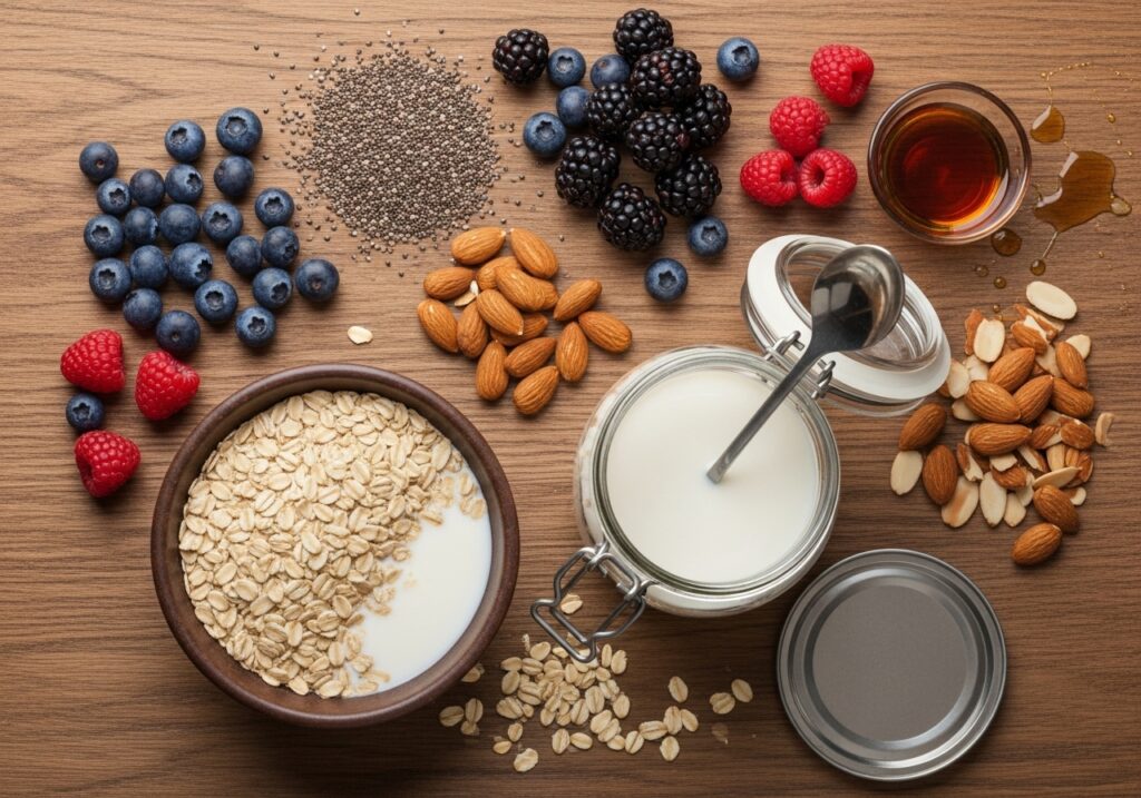 various ingredients laid out for overnight oats rolled oats milk chia seeds a jar and a spoon