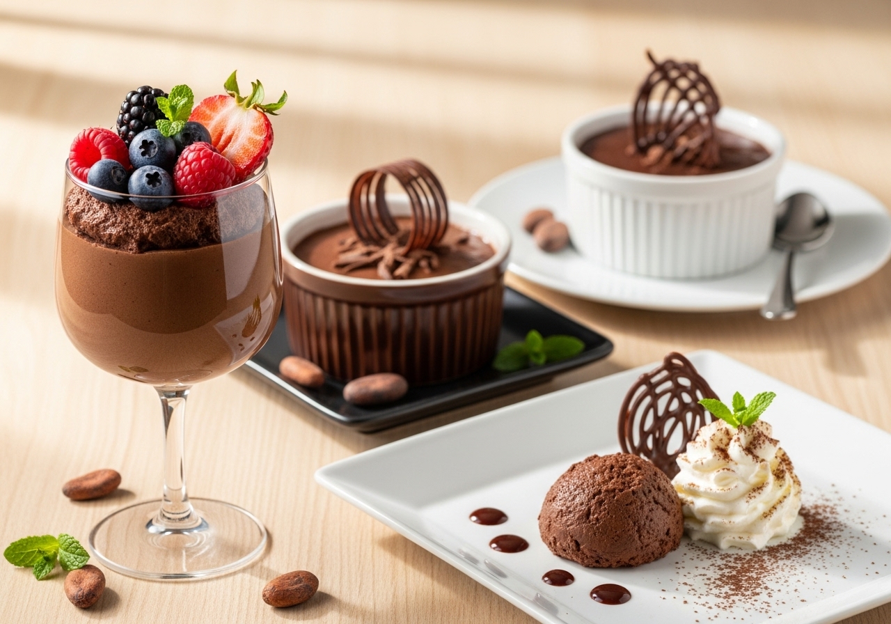 various presentations of chocolate mousse including one topped with berries and another with chocolate shavings