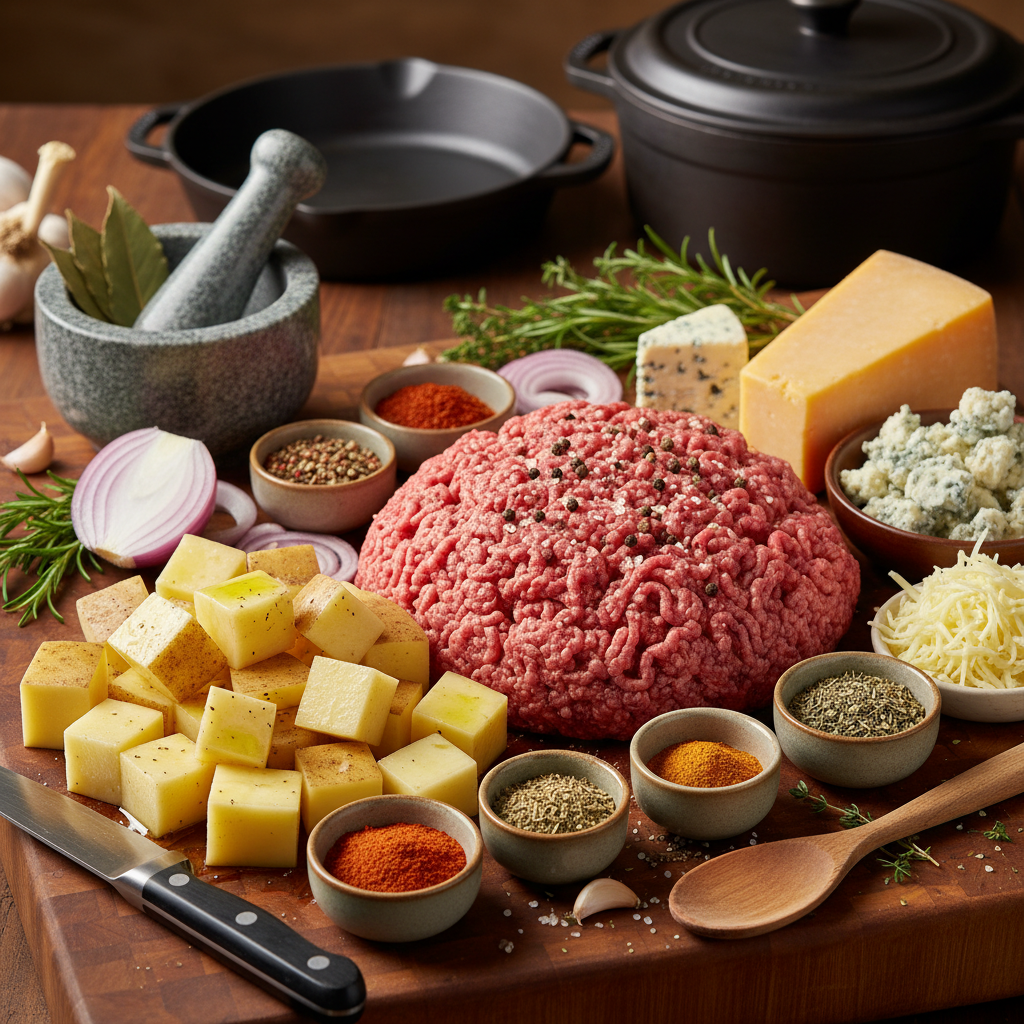 Ingredients for cheesy beefy potato casserole