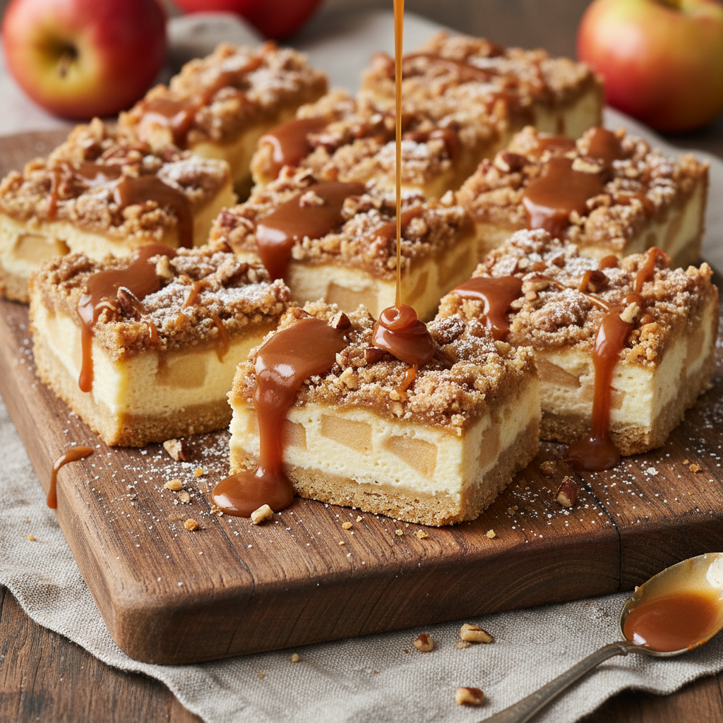 Caramel cheesecake apple bars overview