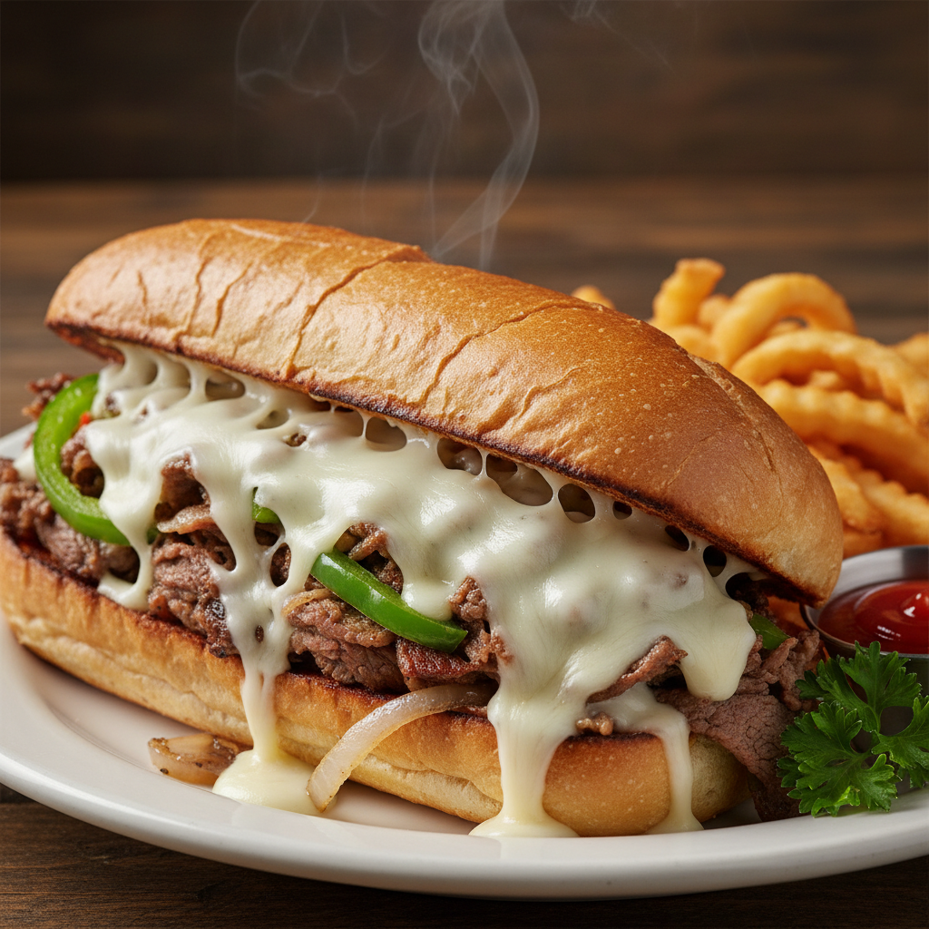 Finished cheesesteak sandwich ready to serve