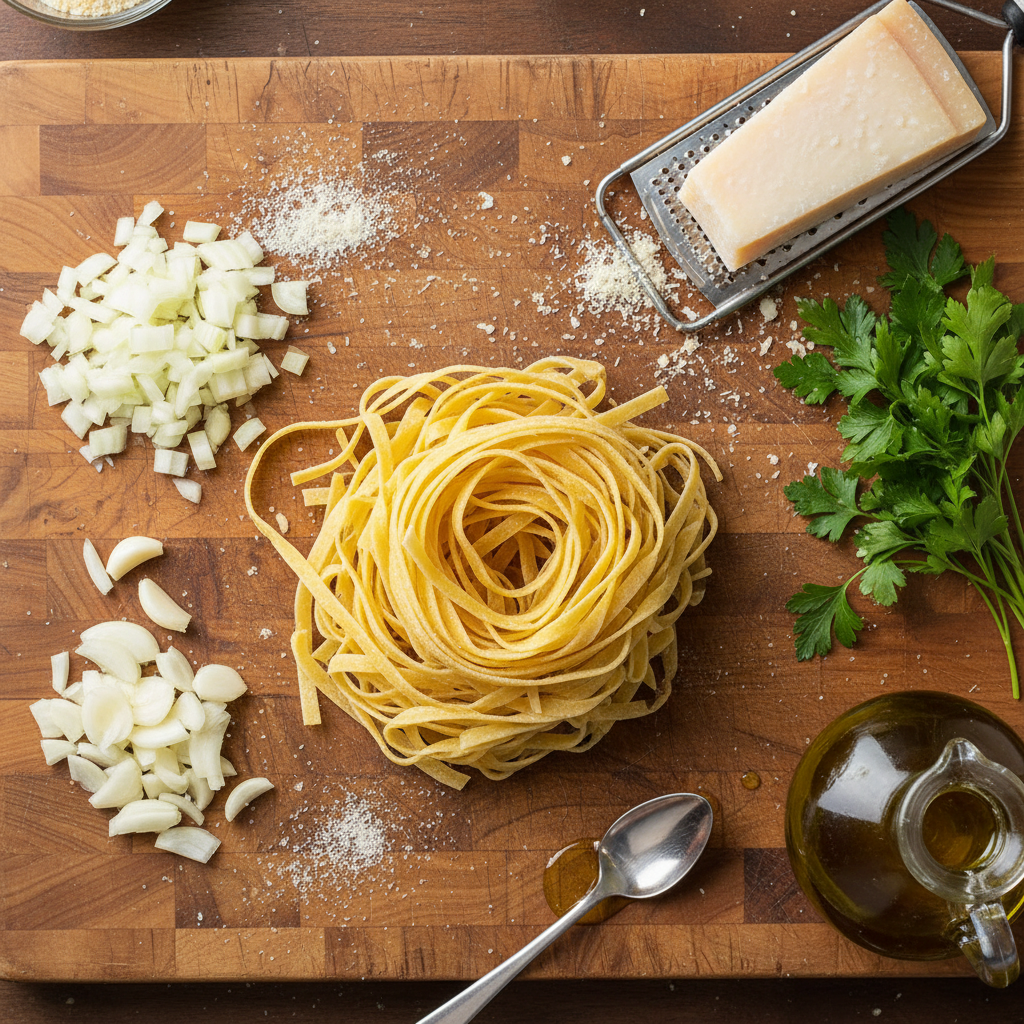 Ingredients for Creamy Garlic Parmesan One Pot Pasta