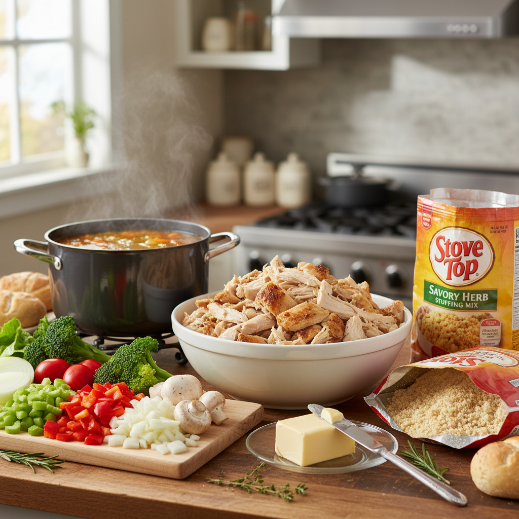 Ingredients for chicken and stuffing casserole