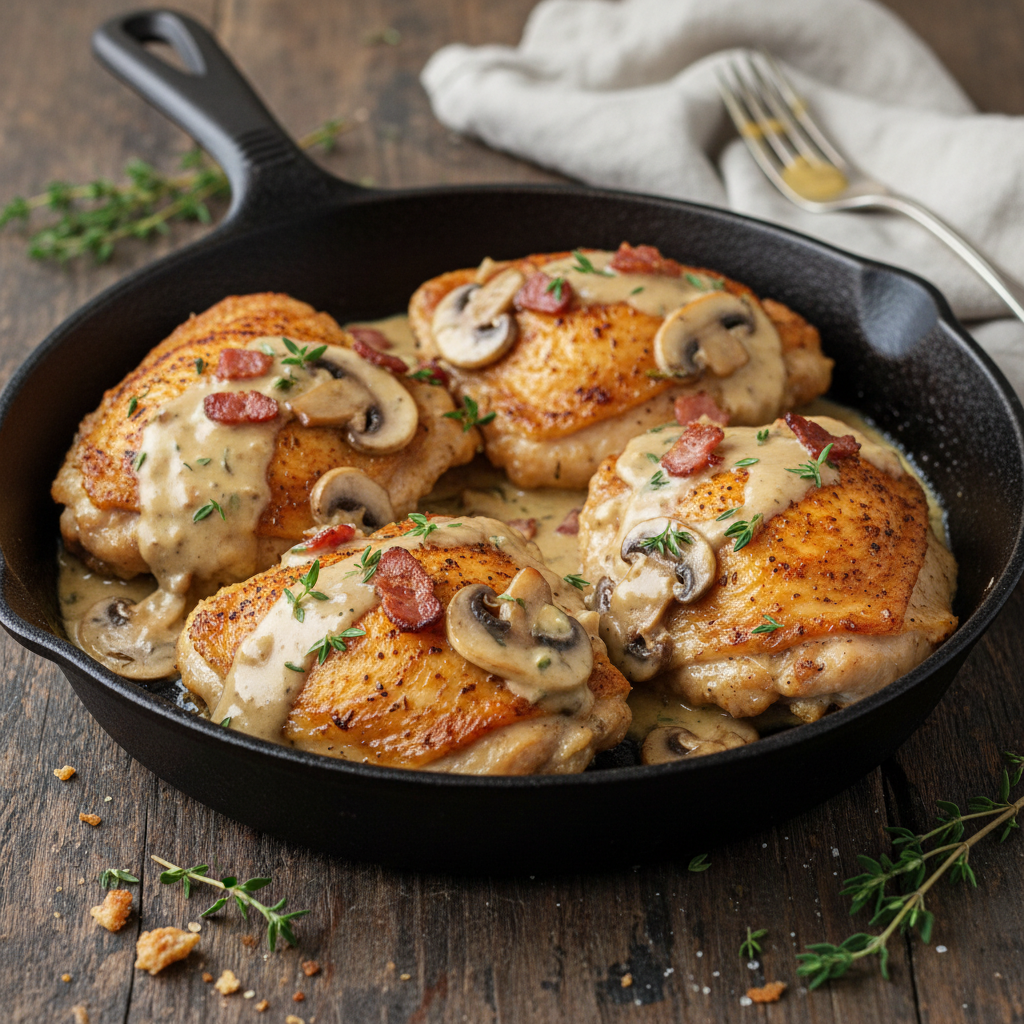 Delicious chicken thigh with creamy bacon mushroom thyme sauce
