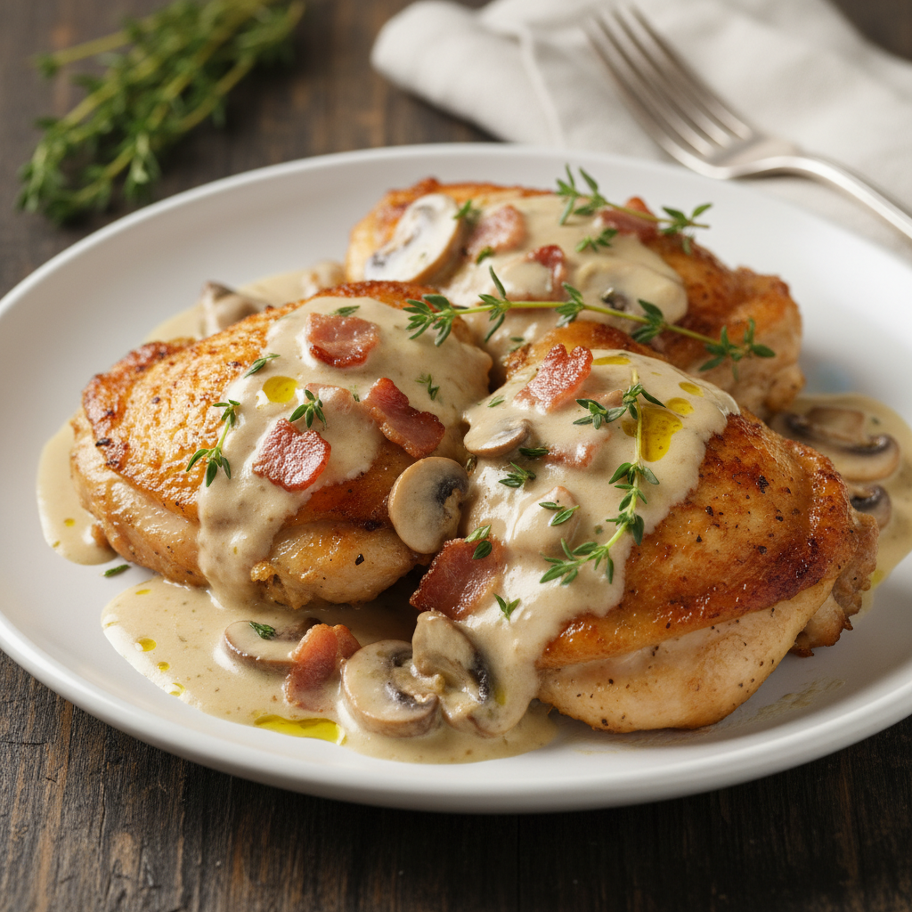 Step-by-step instructions for cooking chicken thighs with creamy mushroom sauce
