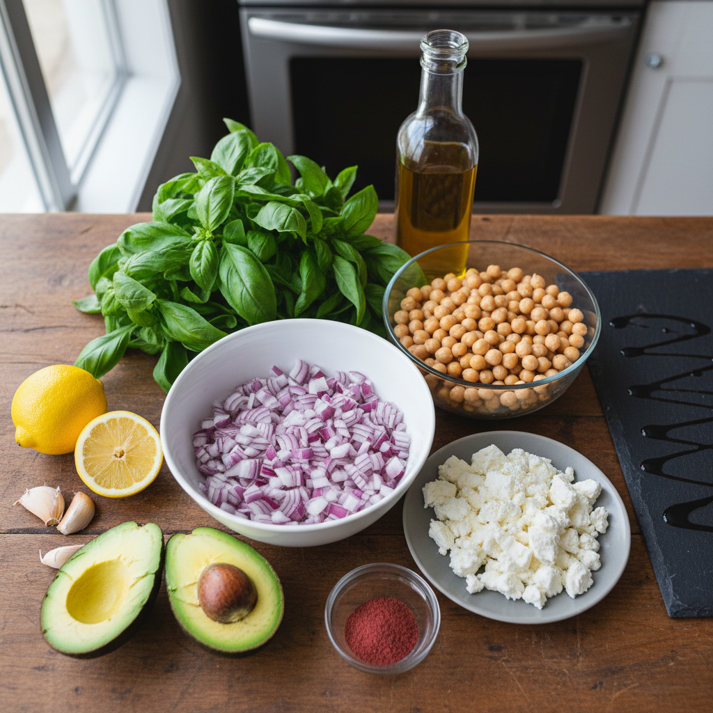 Ingredients for chickpea avocado salad