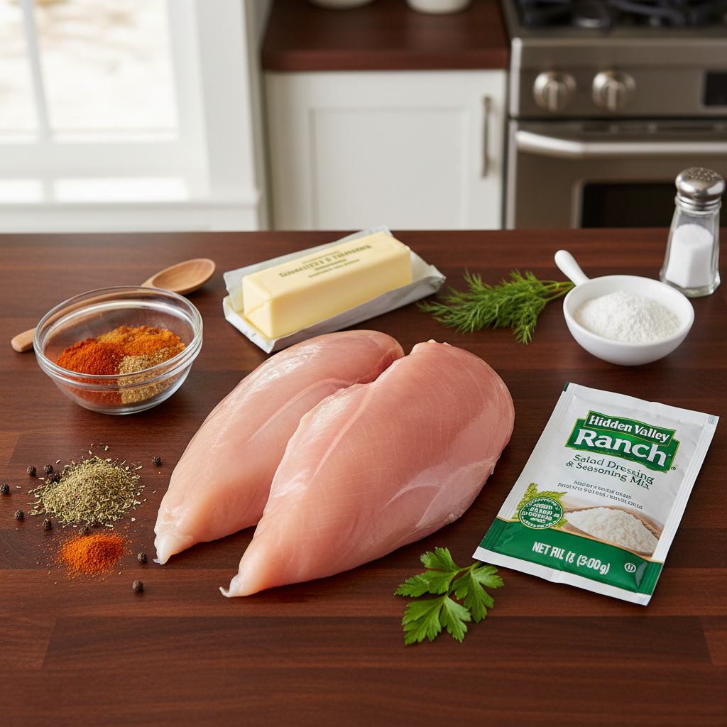Ingredients laid out for ranch chicken