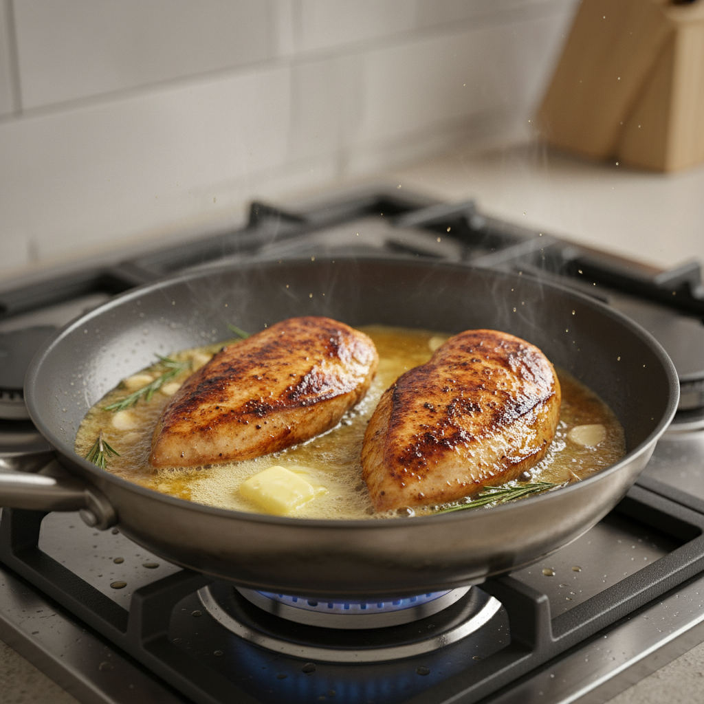 Cooking chicken in pan with seasoning