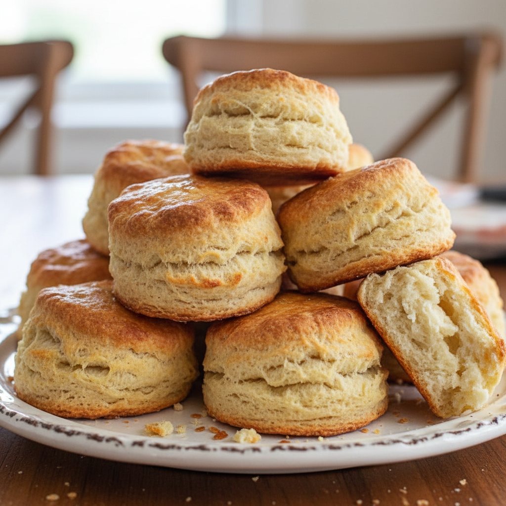 Delicious flaky buttermilk biscuits stacked