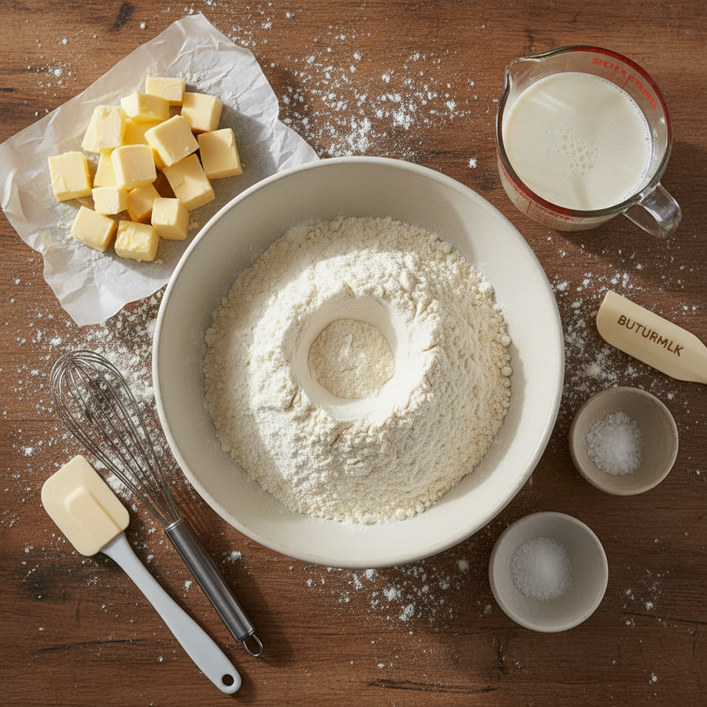 Ingredients for buttermilk biscuits laid out