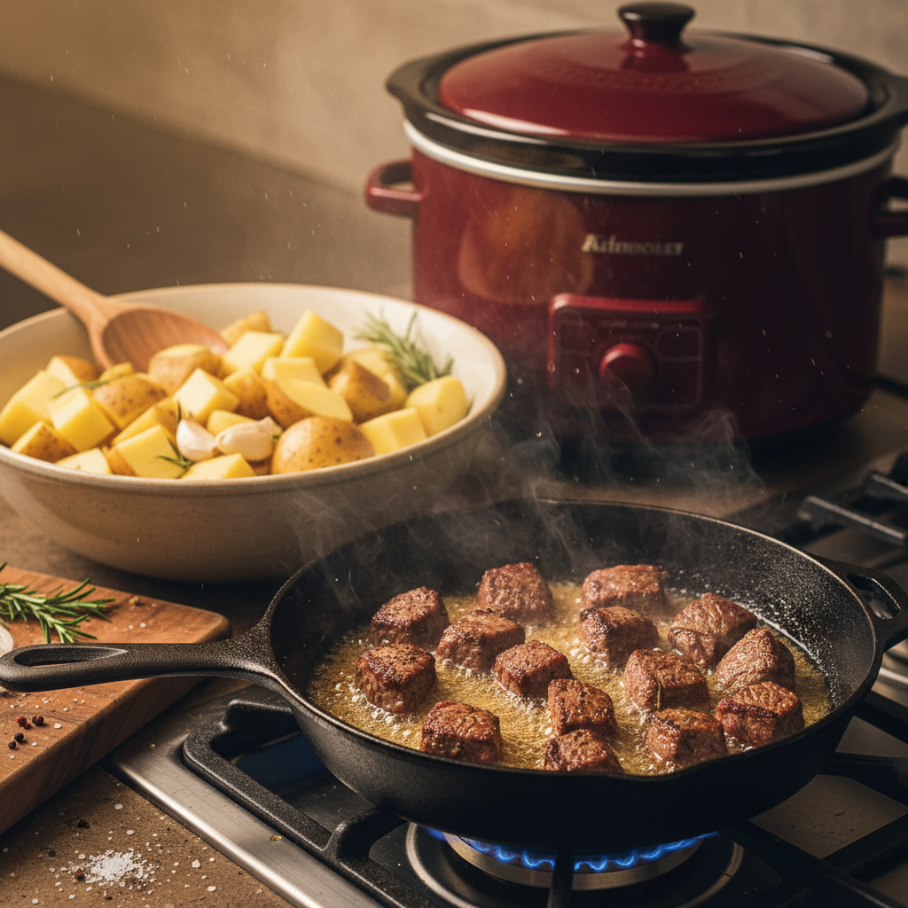 Step by Step Cooking Process for Garlic Butter Beef, Thoughts, and Potatoes