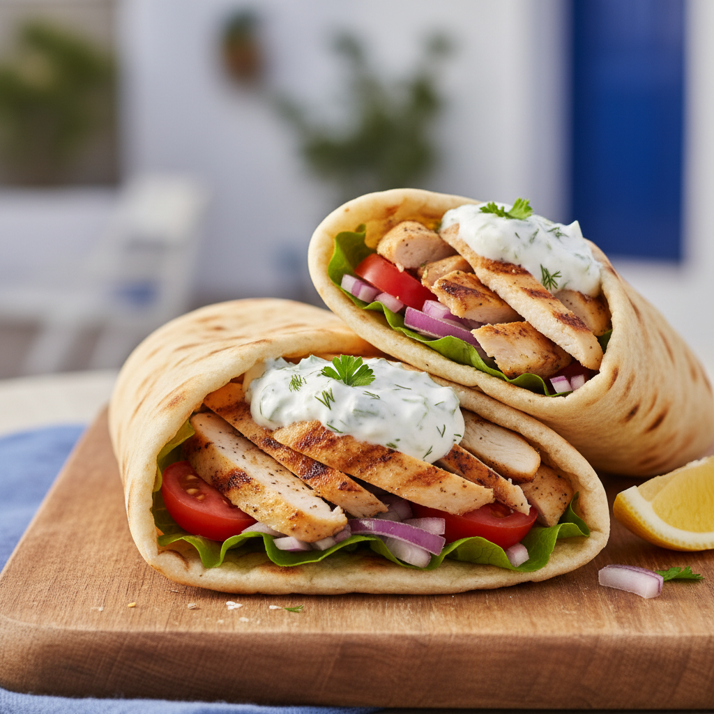 Greek Style Chicken Gyros served with cucumber taziki and flatbreads