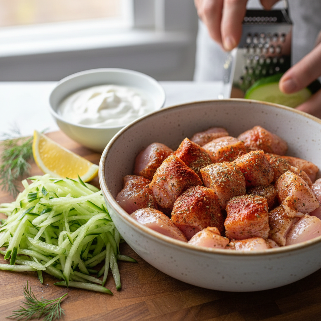 Step-by-step instructions to prepare Greek chicken gyros, taziki and flatbreads