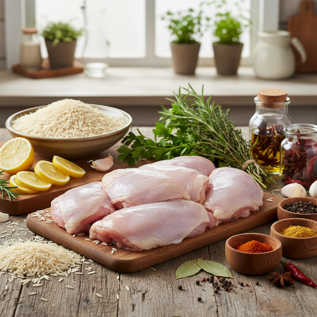 Ingredients for Greek lemony chicken and rice skillet