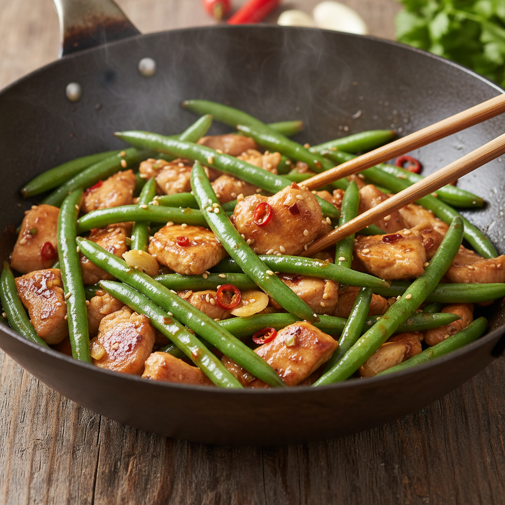 Green beans and chicken stir-fry ingredients