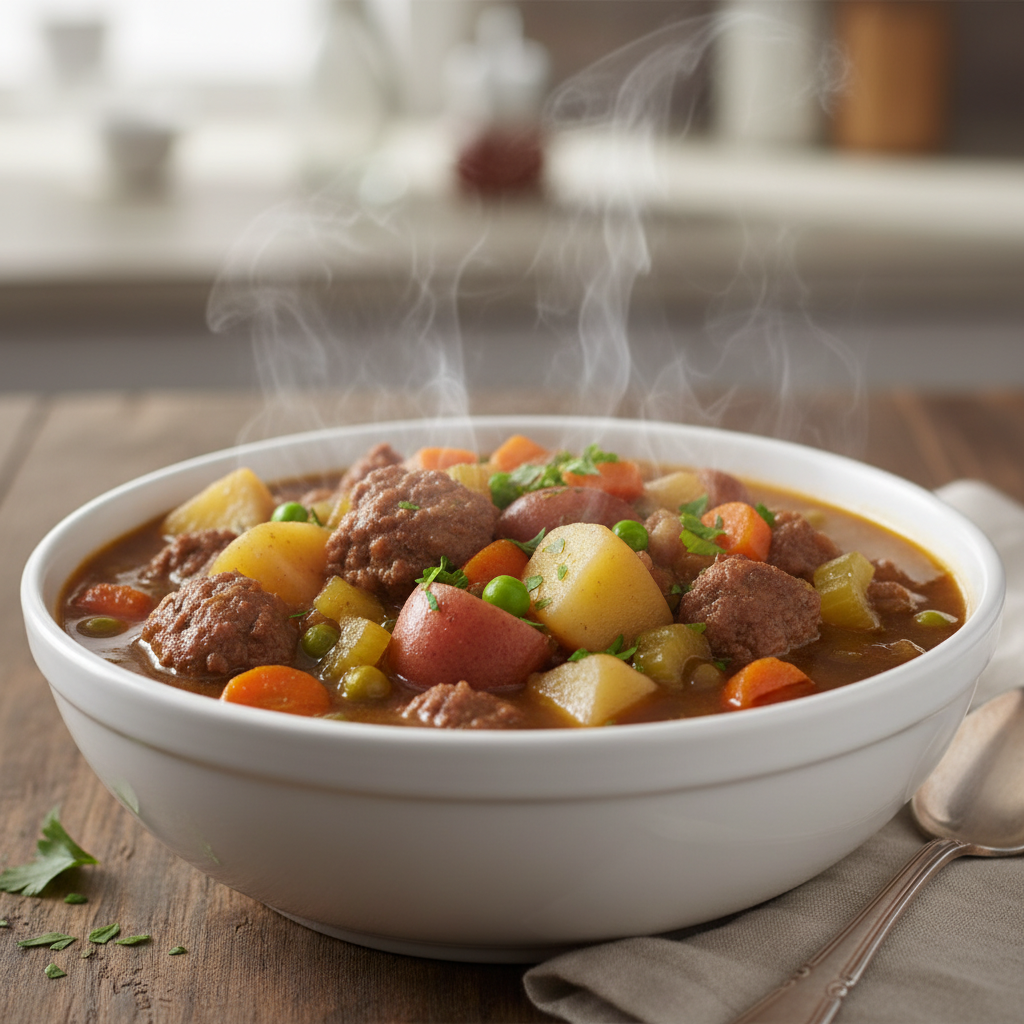 Finished hamburger stew in bowl