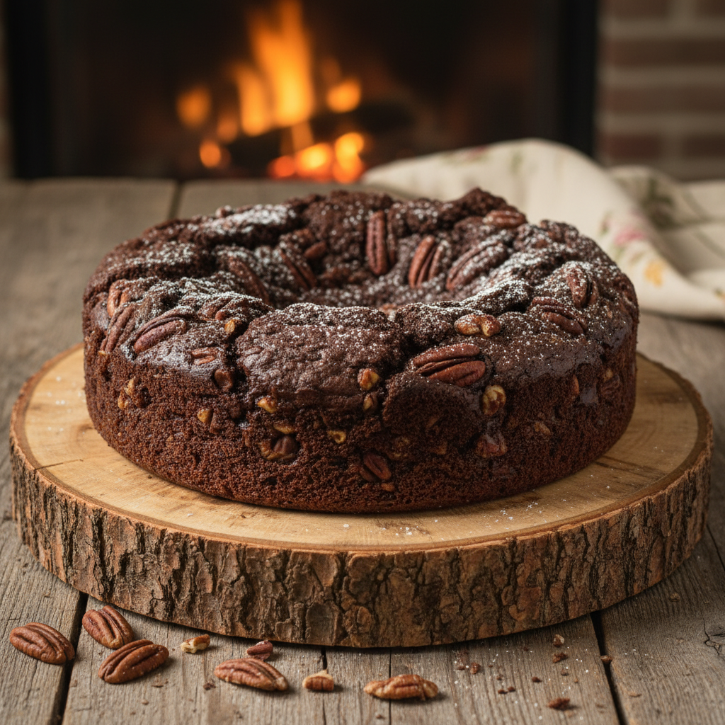 A rustic flowerless chocolate and pecan cake