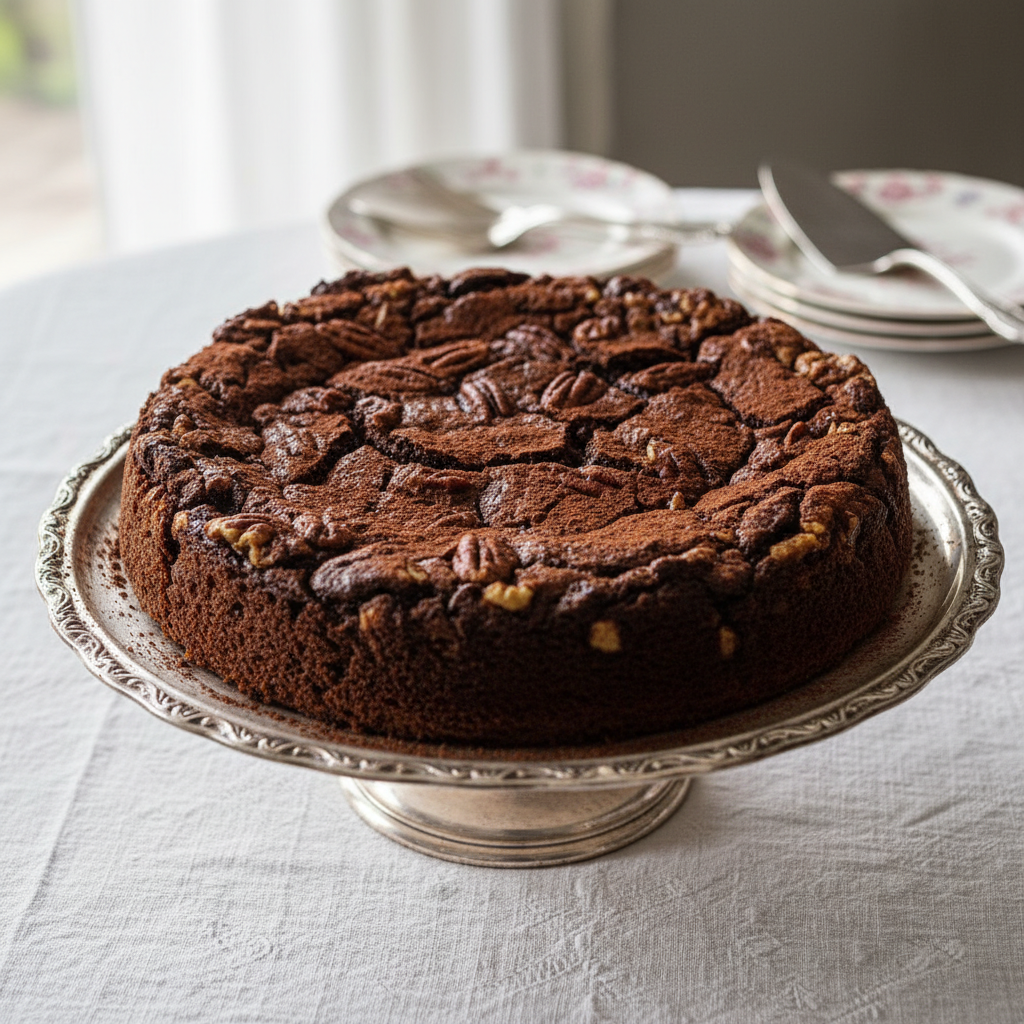 Step by step instructions for flowerless chocolate and pecan cake