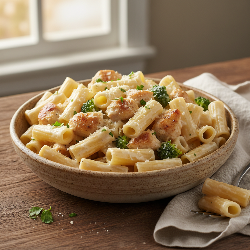 Broccoli and chicken pasta ingredients