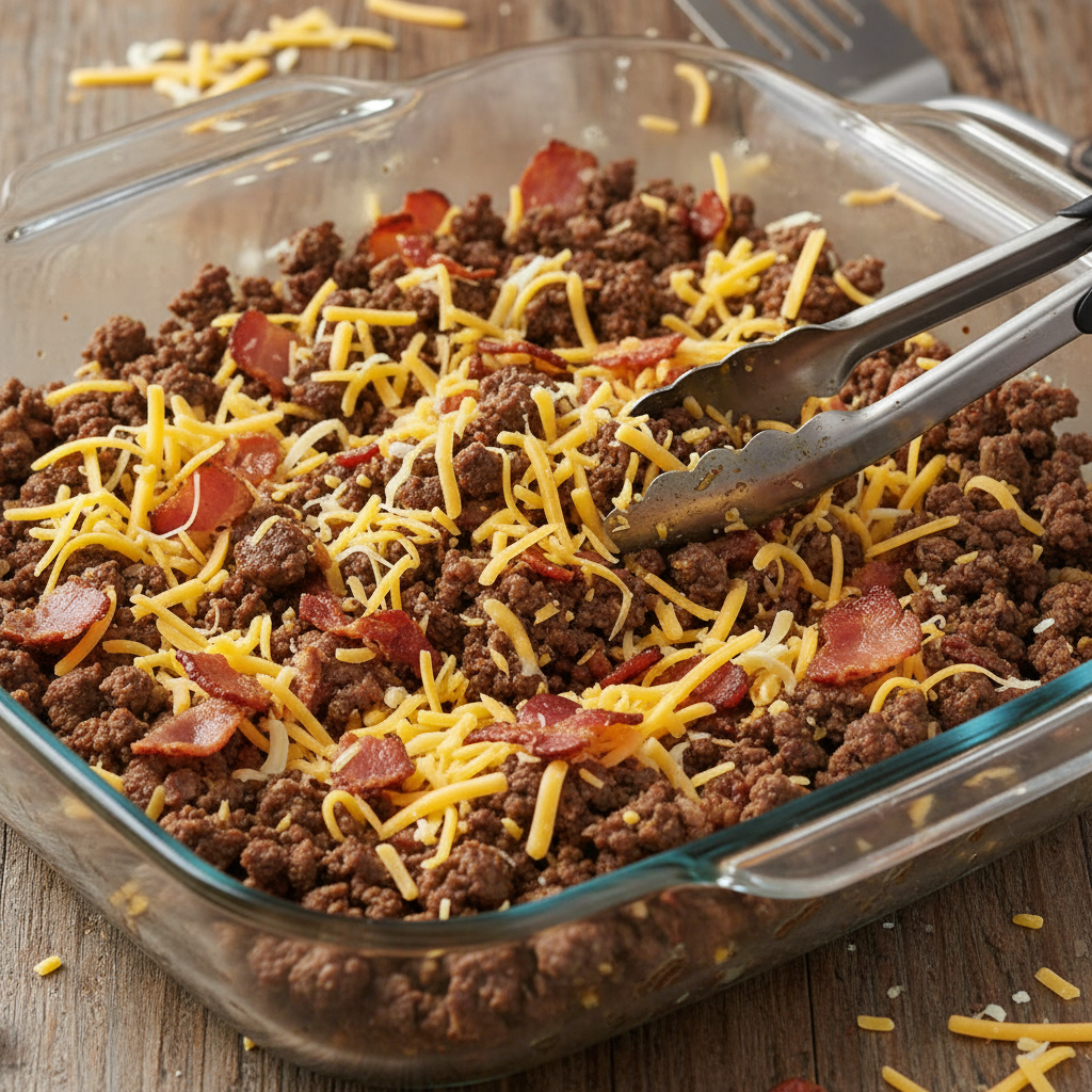 Ingredients for low carb bacon cheeseburger casserole