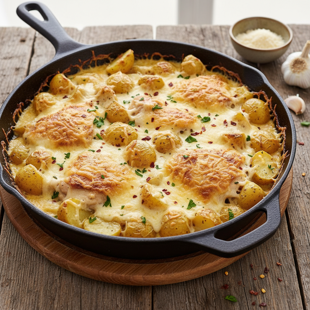Cheesy Parmesan garlic chicken and potato skillet preparation