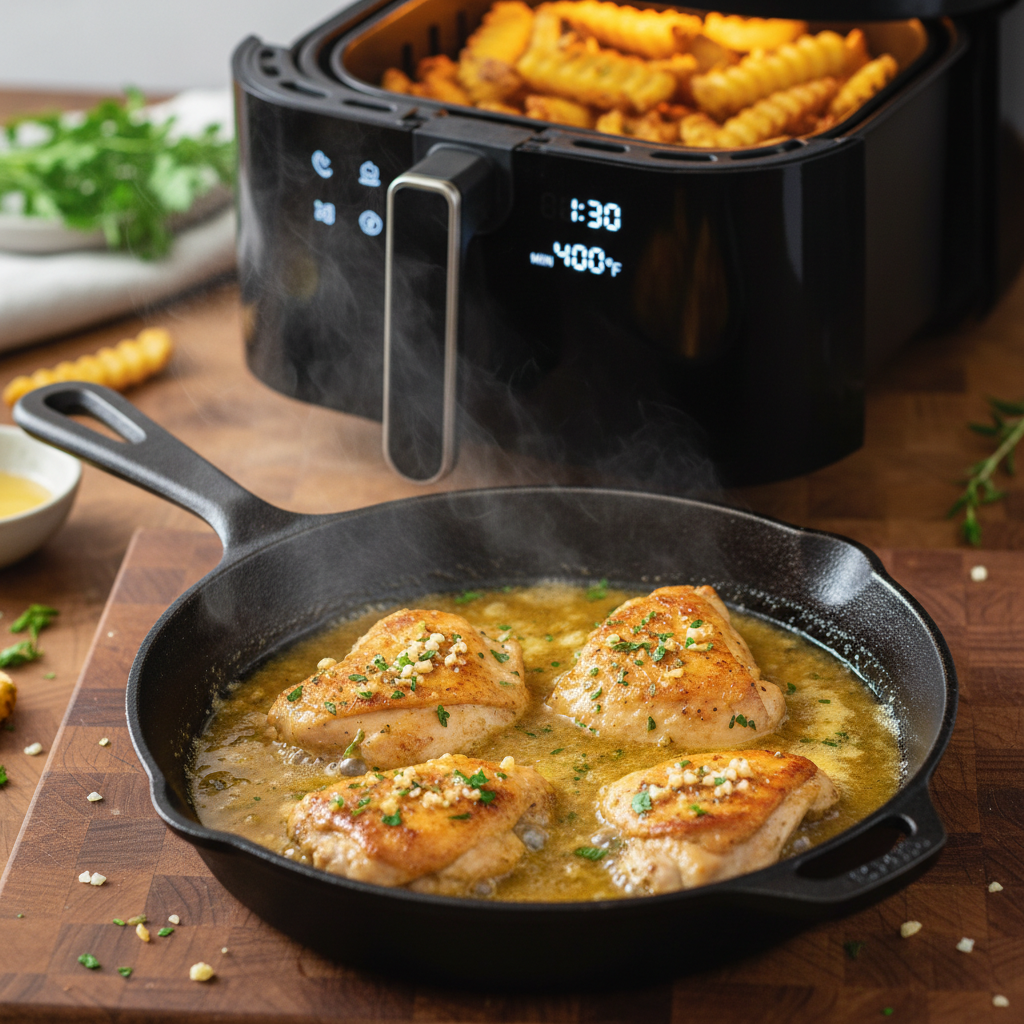 Ingredients for cheesy Parmesan garlic chicken and potato skillet