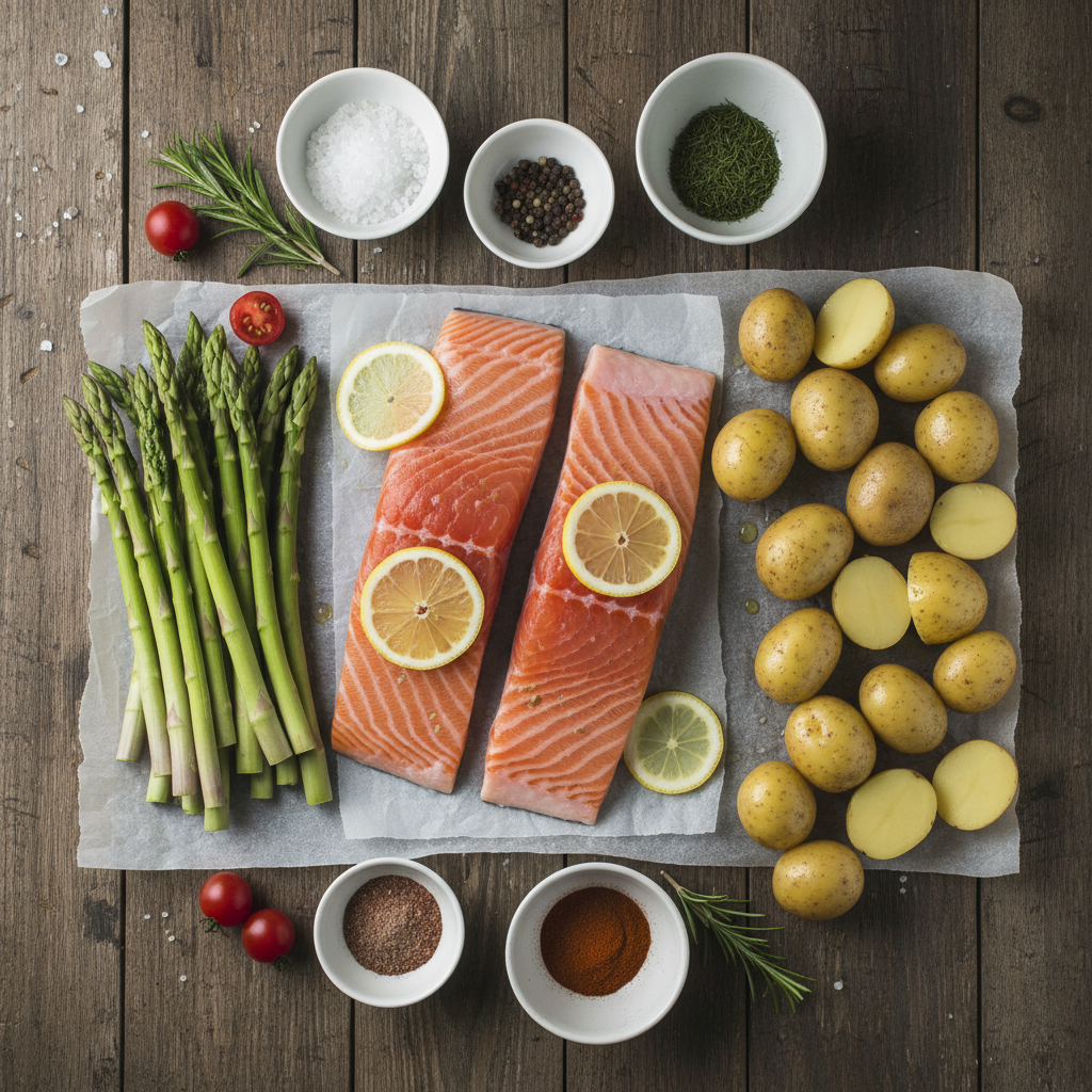 Ingredients for salmon and vegetable bake