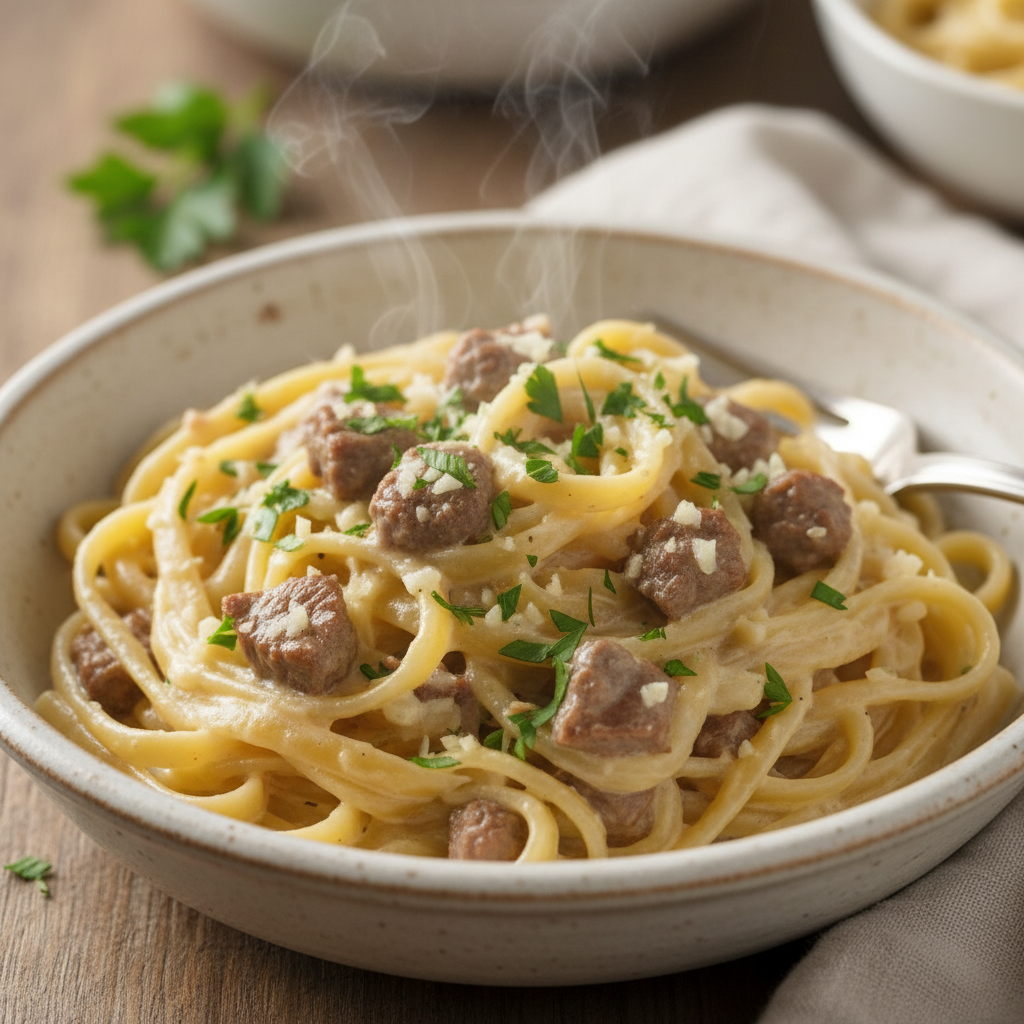 One Pot Creamy Beef and Garlic Pasta Preparation