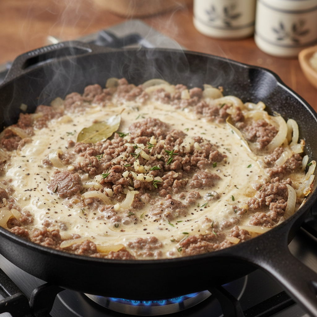Instructions for Making Creamy Beef and Garlic Pasta