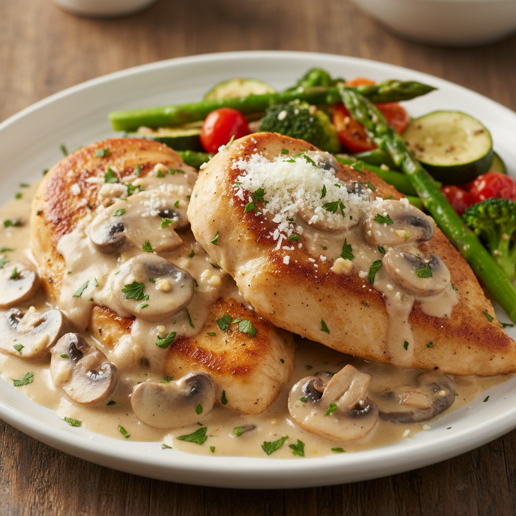 Plated creamy garlic mushroom chicken with garnish