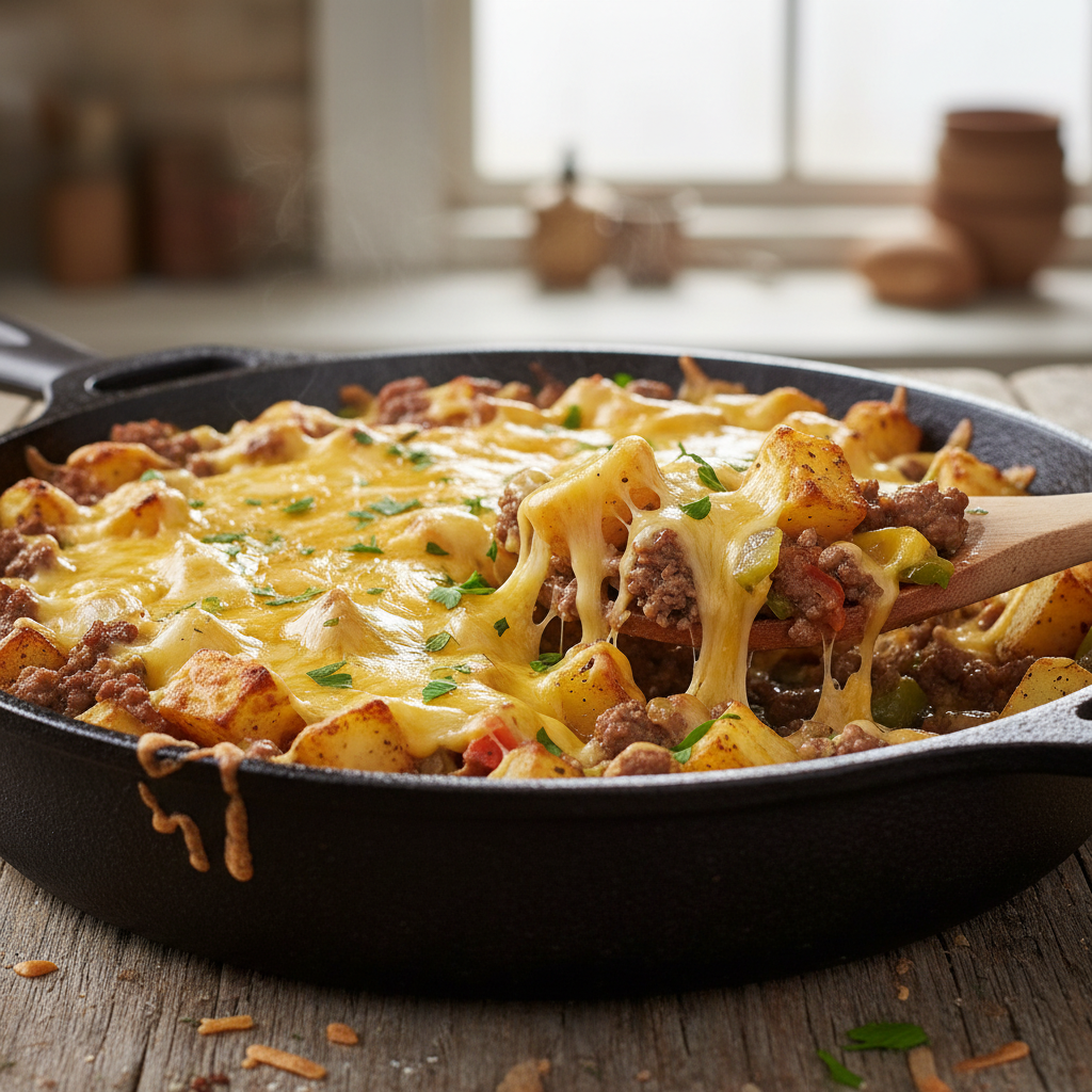 Ingredients for cheesy beef and potato skillet