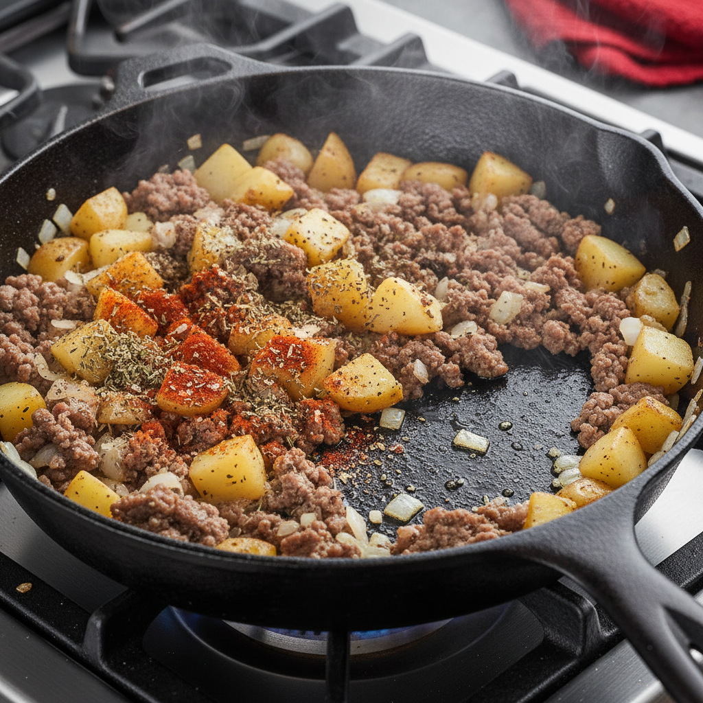 Ingredients list for cheesy beef and potato skillet