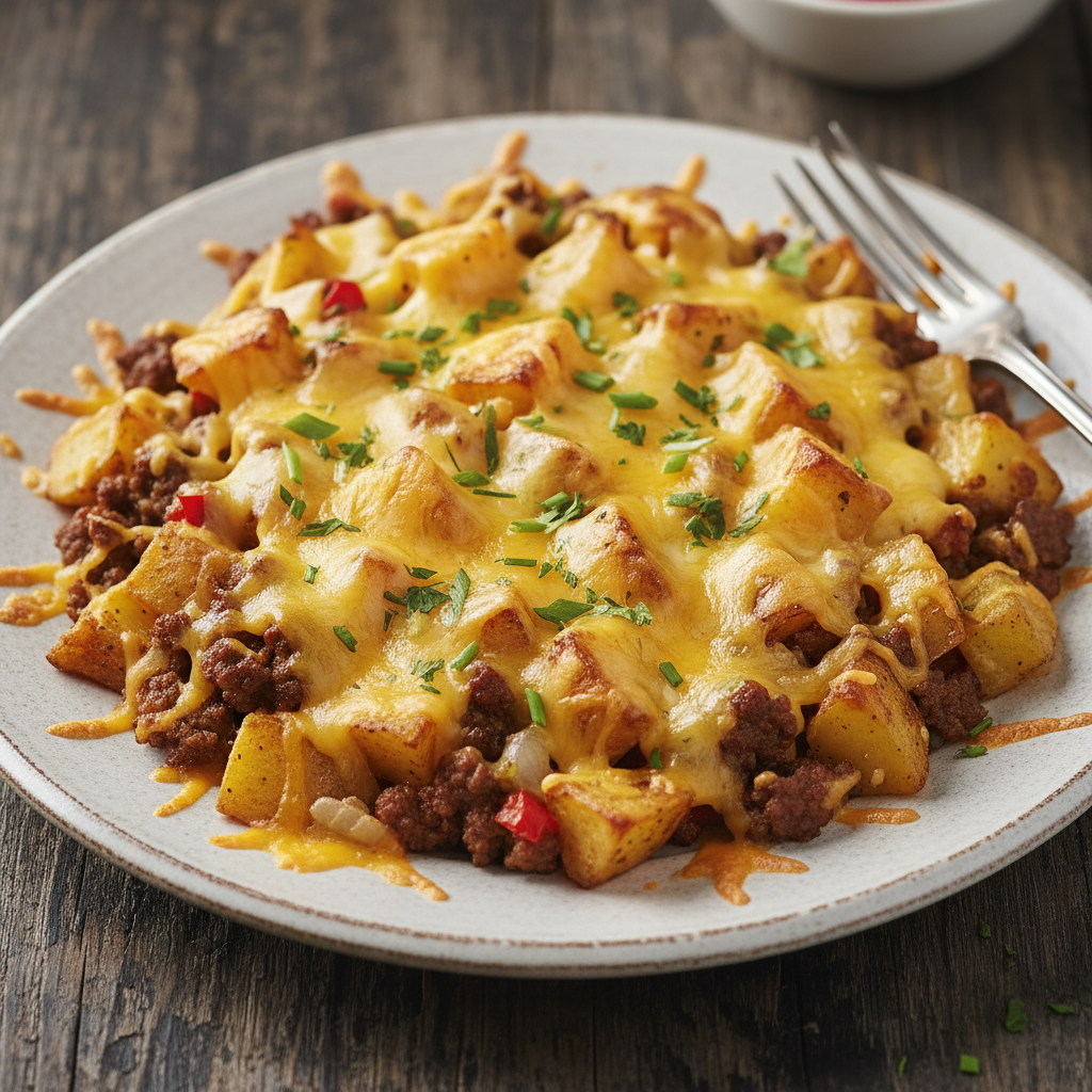 Cooking instructions steps for cheesy beef and potato skillet