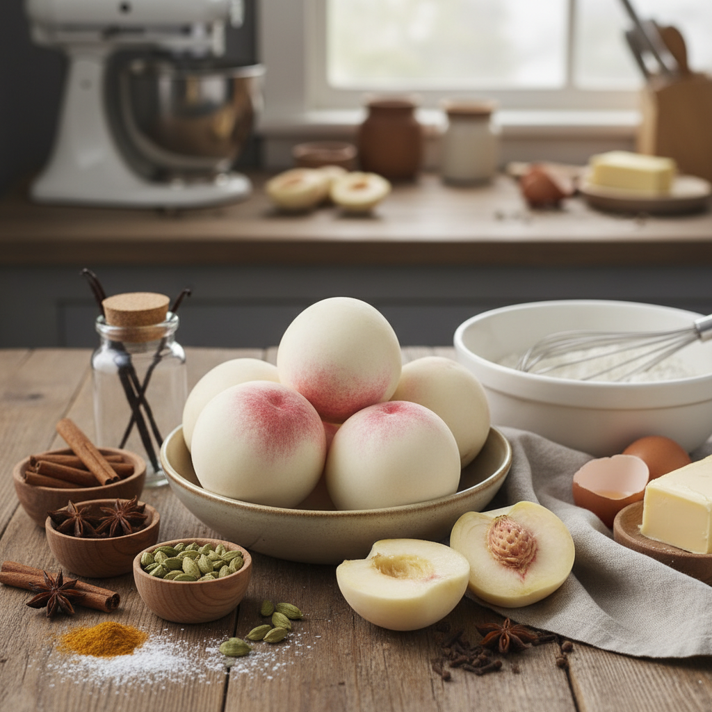 Ingredients for Homemade Vanilla Upside Down Bun Cake with Peaches