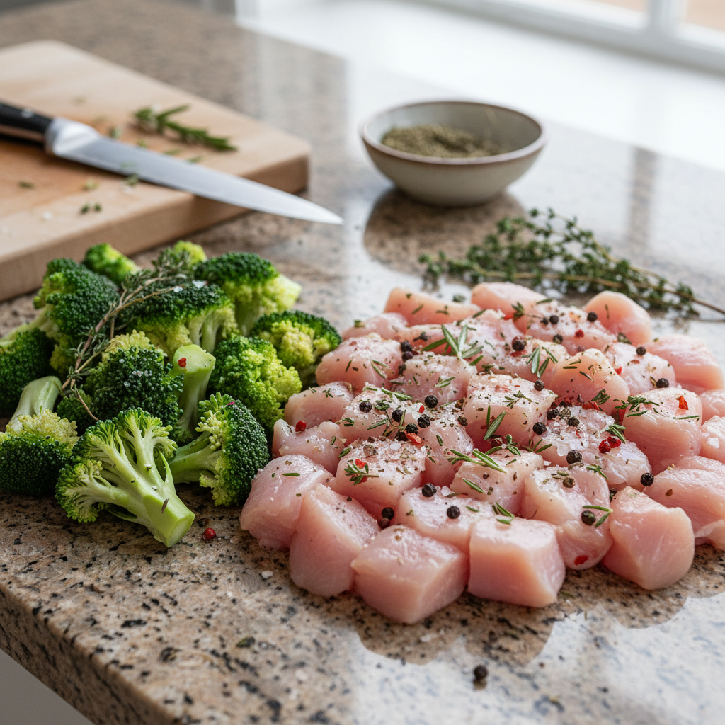 Close up of juicy chicken with broccoli