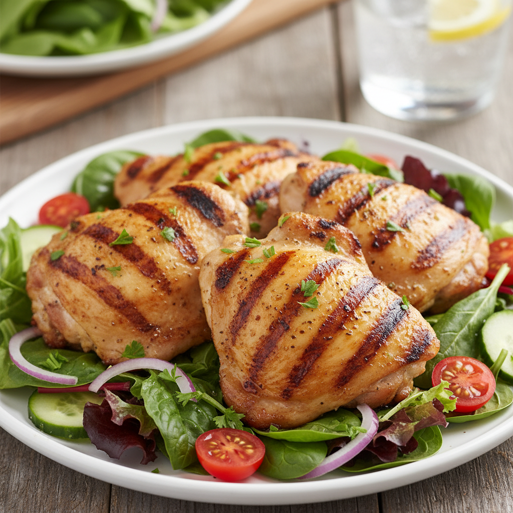 Grilling marinated chicken thighs on barbecue