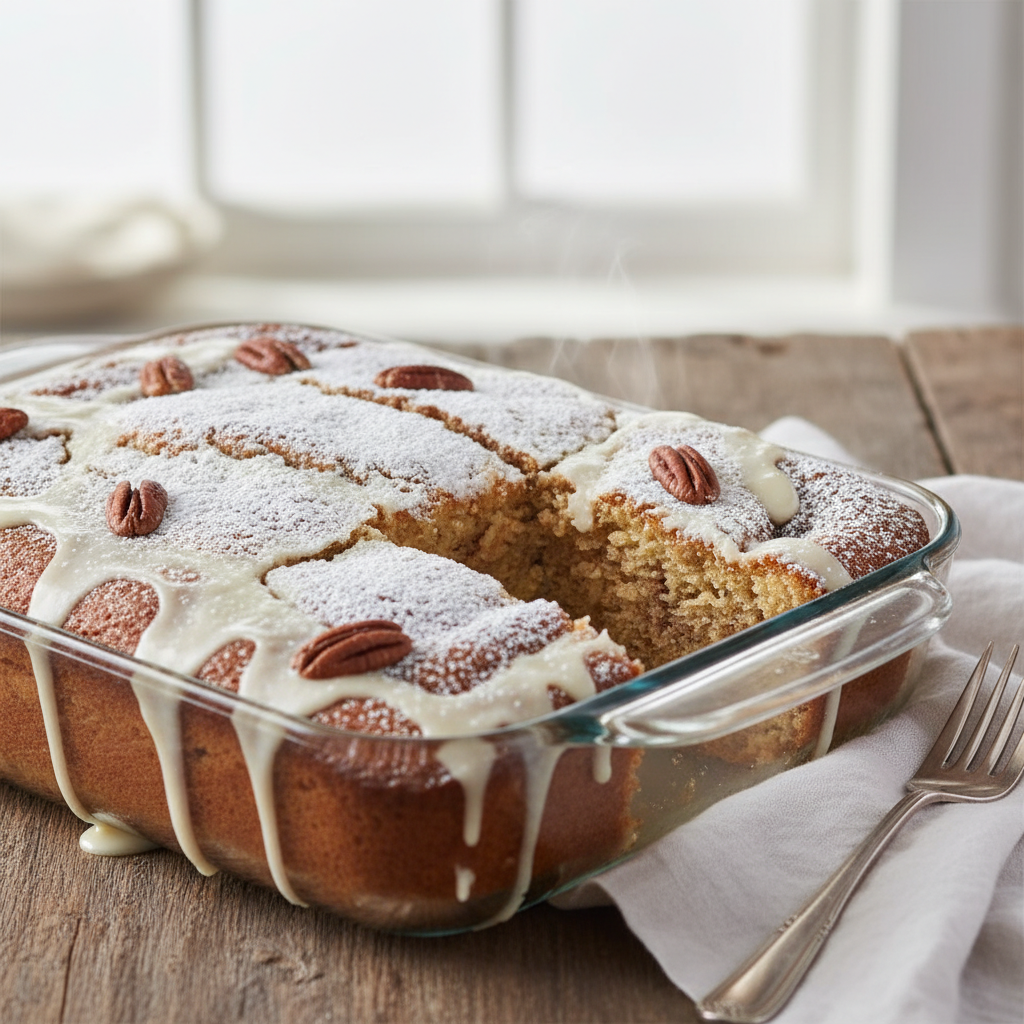 Layers of tender, moist cake with cinnamon sugar pecan swirl