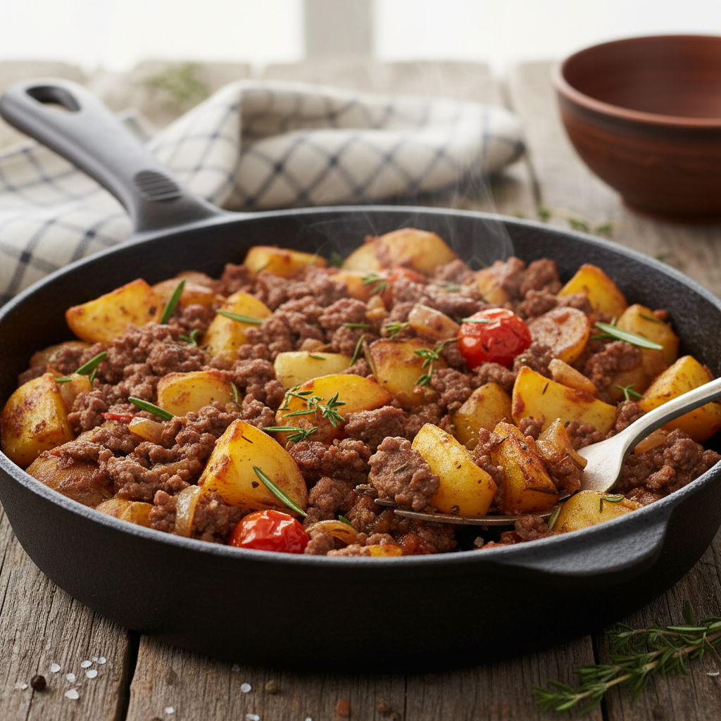 Ground beef and potato skillet preparation