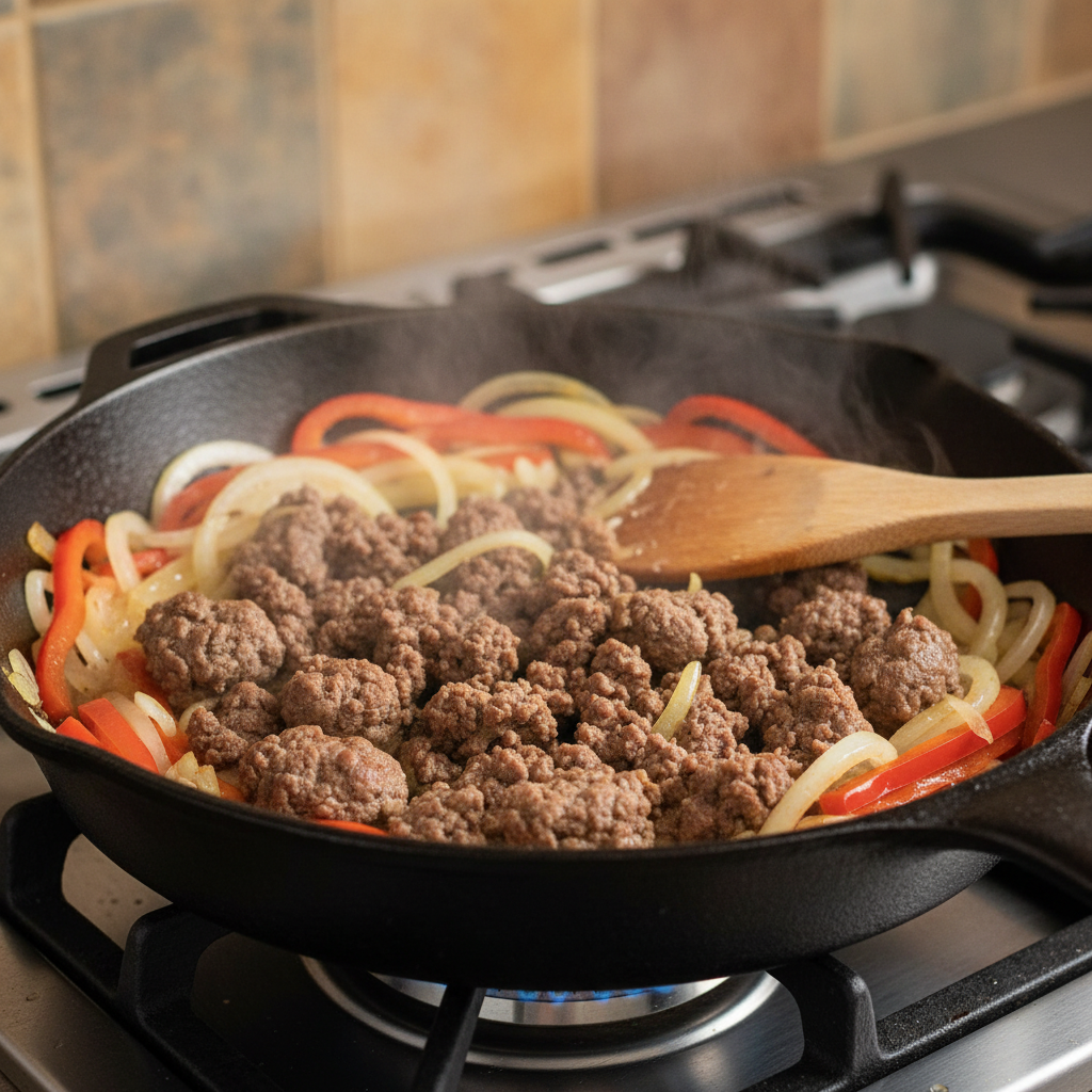 Cooking ground beef and potatoes in skillet