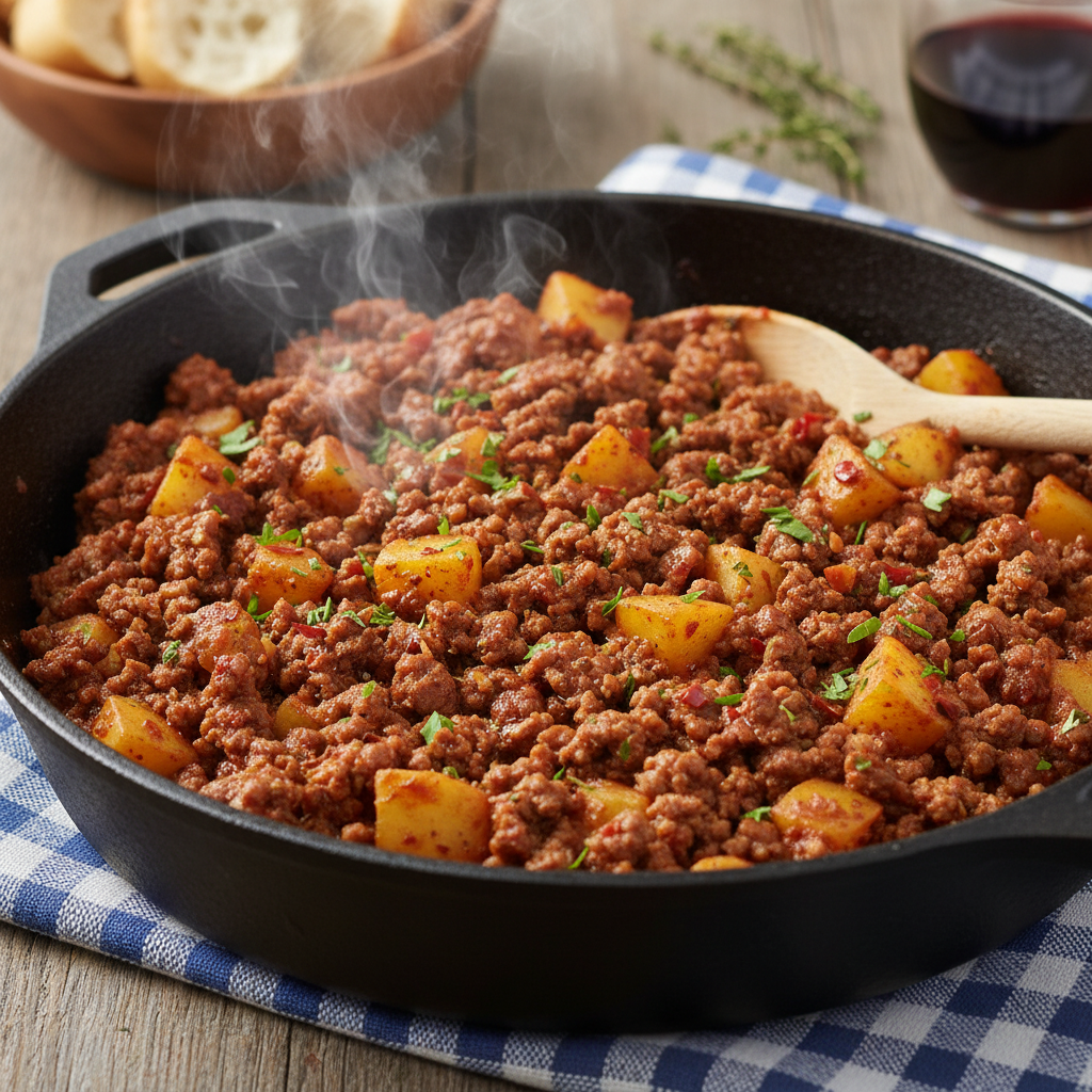 Finished ground beef and potato skillet ready to serve