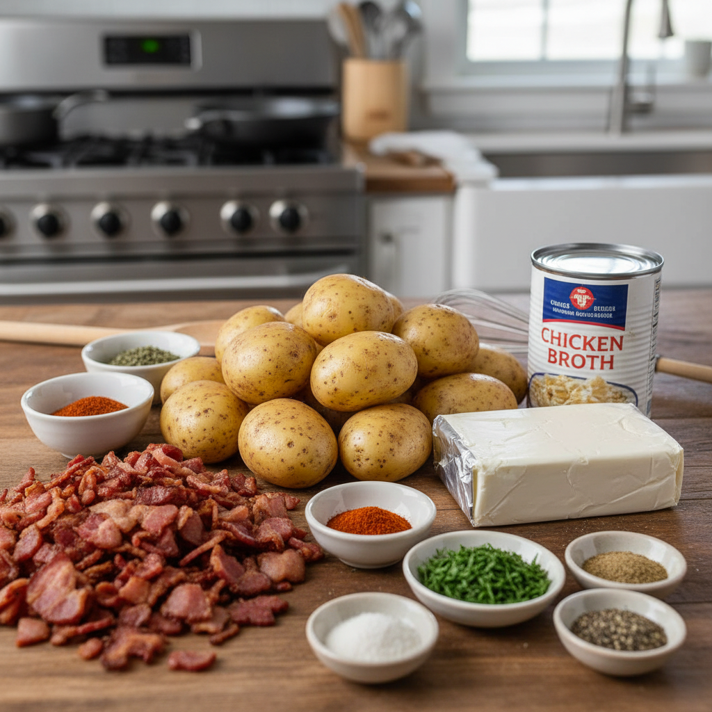 Bowls of thick and creamy potato soup with chunky textures
