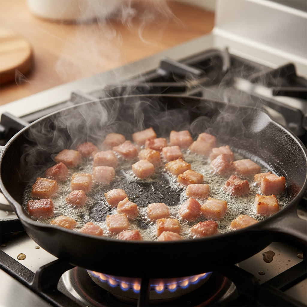 Ingredients including potatoes, cream cheese, broth, and bacon ready for potato soup